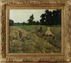 Louis Bron, oogsttijd, Jean Louis Henri Bron ( 1884 - 1959), olieverf op linnen, landschap met landarbeiders 60x50cm
