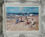 H.S. Hultman, strand, H.S.Hultman 20e eeuw, strandgezicht met figuren, olieverf op laneel 30x40cm Cond:G