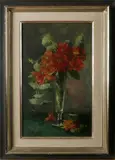 H. Bellis, stilleven, (Hubert) Bellis (1831 - 1902 Belgische School), olieverf op linnen, glazen vaas met bloem 29x45cm