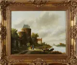 H. Verdonck, riviergezicht, Henk Verdonck 2e helft 20e eeuw, olieverf op paneel, riviergezicht met kasteeltje en figuren 50x40cm