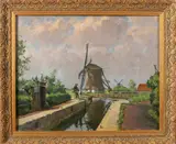L. de Jong, sluiswachter, Leendert de Jong,Hollands landschap met sluisbewaker, olieverf op linnen,50x40cm Cond: R\G