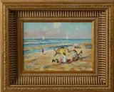 Marie Joanne, strandgezicht, Mary Joanne 2e helft 20e eeuw, strandgezicht met figuren, olieverf op paneel