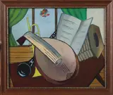 G. Diepeveen, stilleven, Gerard Diepeveen, olieverf op paneel, stilleven van muziekinstrumenten 28x24cm