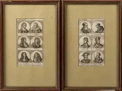 2 Gravures, 18e eeuw, Twee 18e eeuwse gravures met Franse edele heren afgebeeld 13x7cm