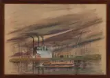 M. Devynck, gemengde techniek, DeVynck 6-72 (Belgische School), gemengde techniek op papier, industrie langs de kade met aak 51x36cm
