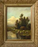 Arend v.d. Pol, schapen, Arend van de Pol, olieverf op linnen, Hollands landschap met schapen 43x59cm