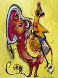 Jan te Wierik, "De Krog en de Kip", Jan te Wierik 2001 (Hengelo 1954 - 2002), acryl op linnen, twee fantasiefiguren getiteld "De Krog en de kip" 60x80cm