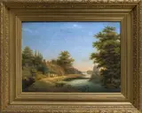 B. Weingartner, landschap, Weingärtner 1863 (Duitse School), olieverf op linnen, riviergezicht met huizen en figuren 56x40cm
