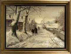 L. de Leeuw, winter, L. de Leeuw 1941 (Hollandse School), olieverf op linnen, besneeuwd landschap met wandelaars 74x54cm