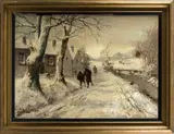 L. de Leeuw, winter, L. de Leeuw 1941 (Hollandse School), olieverf op linnen, besneeuwd landschap met wandelaars 74x54cm