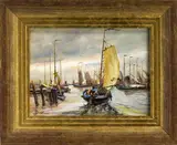 J. Brolsma, havengezicht, Brolsma 2e helft 20e eeuw, olieverf op paneel, havengezicht Volendam 17,5x12,5cm