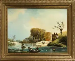 A. J. Temming, ijspartij, Temming 1972, olieverf op linnen, romantisch Hollandse ijspret 60x80cm