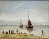 H. Balman, botters aan de kust, Gesigneerd Hendricus Balman 2e helft 20e eeuw, olieverf op paneel, strandgezicht met vissersboten en figuren 28x24cm