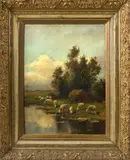 Arend v.d. Pol, schapen, Arend van de Pol, olieverf op linnen, Hollands landschap met schapen 43x59cm