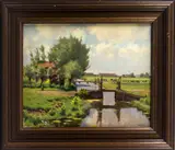 L. de Jong, boerderij in landschap, L. de Jong 1939, olieverf op linnen, landschap met boer en koeien 50x40cm