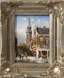 P. Haanstra, stadsgezicht, Gesigneerd P. haanstra 2e helft 20e eeuw, olieverf op paneel, Hollands stadsgezicht met figuren 18x13cm