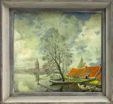 W. de Groot ca, Winschoten, 1930, olieverf op paneel, riviergezicht met boten aan een steiger 30x28cm