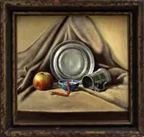 Ongesigneerd (Atelier W. de Groot ca, bloedkoralen, 1930), olieverf op paneel, stilleven met ketting (bloedkoraal) 30x33cm