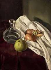 Atelier W. de Groot ca, karaf met fruit, 1930, olieverf op paneel, stilleven met waterkaraf, appel en uien 29,5x40cm