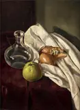 Atelier W. de Groot ca, karaf met fruit, 1930, olieverf op paneel, stilleven met waterkaraf, appel en uien 29,5x40cm