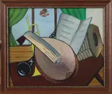 G. Diepeveen, stilleven, Gerard Diepeveen, olieverf op paneel, stilleven van muziekinstrumenten 28x24cm