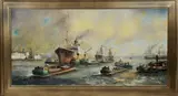 J. van Reyn ca, havengezicht, 1950, olieverf op linnen, Rotterdamse haven 81x40cm