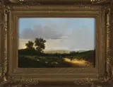 Frans van Gullik, landschap, Frans van Gullik ( 1841 - 1899), olieverf op paneel, panoramisch landschap met wandelaars 27x17,5cm