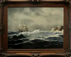 Johan Loots ca, boten, 1930, olieverf op linnen, driemaster op ruwe zee 60x80cm