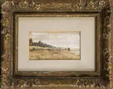 Hobbe Smith, strand, Hobbe Smith (Witmarsum 1862 - 1942 Amsterdam), aquarel op papier, strandgezicht met schelpenkar en figuren 12,5x7cm
