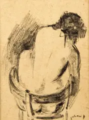 Johan Dijkstra, zittend, (toegeschreven aan Johan Dijkstra (Groningen 1896 -1978 ), houtskool op papier, vrouwelijk naakt op stoel 18,5x25cm