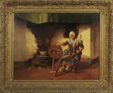 H. v. Langen, spinnewiel, Hendrikus Johannes Fransiscus van Langen ( 1874 - 1964), olieverf op linnen, vrouw aan spinnewiel 50x40cm