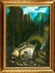 Ongesigneerd ca, ca. 1900, 1910, olieverf op linnen, kapel in de bergen met figuren 33x44cm