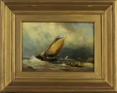 A.J. van Prooyen, zeilboot, A.J. van Prooyen ( 1834 - 1898 Amsterdam), olieverf op paneel, zeilboot en sloep met figuren op ruwe zee 27x18cm