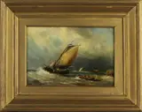 A.J. van Prooyen, zeilboot, A.J. van Prooyen ( 1834 - 1898 Amsterdam), olieverf op paneel, zeilboot en sloep met figuren op ruwe zee 27x18cm
