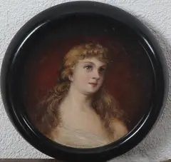 Ronde miniatuur, gouache, 1900, olieverf op paneel, buste van een vrouw ø15cm
