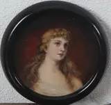 Ronde miniatuur, gouache, 1900, olieverf op paneel, buste van een vrouw ø15cm