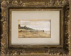 Hobbe Smith, strand, Hobbe Smith (Witmarsum 1862 - 1942 Amsterdam), aquarel op papier, strandgezicht met schelpenkar en figuren 12,5x7cm