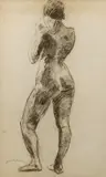 Johan Dijkstra, staand, (toegeschreven aan Johan Dijkstra (Groningen 1896 - ), houtskool op papier, staand vrouwelijk naakt (vouwtjes) 35x57cm