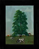Schilderij Diepeveen, koeien bij boom, Gerard Diepeveen 20e eeuw (Enschede), olieverf op papier, koeien bij hoge boom 36,5x25,5cm