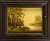 G.J.A. van Reede, eenden, G.J.A. van Reede, olieverf op paneel, eenden langs de waterkant 40x30cm
