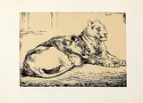 Monogram H.v.H. ca, houtsnede Leeuwinnen, 1930, houtsnede op papier, twee liggende leeuwinnen 27x18cm