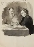 2 Figuren, onduidelijk, Ongesigneerd 20e eeuw, Oostindische inkt op papier, twee figuren aan tafel 21x30cm