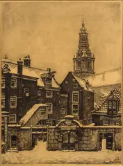 C. van Brandenburg, Zuiderkerk, Brandenburg (Wormerveer 1884 -1954 Amsterdam), ets op papier, Zuiderkerk met poortje in de winter 34x47cm