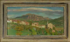 Pietro Armati, Italiaans berglandschap, Pietro Armati (Endine 1898 - 1976 Solbiate), olieverf op paneel, Italiaans berglandschap met dorp 96x50cm