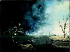 landschap by Herman Tulp, Herman Tulp (Zwolle 1955 ), olieverf op linnen, surrealistisch landschap met rat en fabriek (vroeg werk) 40x30cm, offered Apr 2014