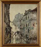 J. Arsenius, straat, 1950, olieverf op paneel, stadsgezicht met figuren 50x60cm
