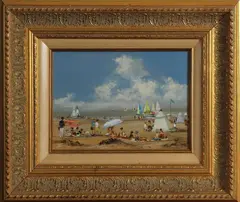 Willy Pannier, strandgezicht, Willy Pannier 20e eeuw (Franse School), olieverf op paneel, strandgezicht met vele figuren 27x19cm
