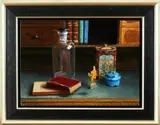 H. Tulp, stilleven, Herman Tulp (Zwolle 1955), olieverf op paneel, prachtig stilleven met glas, blik, boeken en emaille 37x25cm