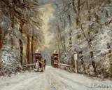 winter bos by C. Cornelisz, Cornelisz 21e eeuw, olieverf op paneel, winterlandschap met paardenslee en figuren 20x25cm, offered Apr 2014