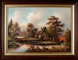 J. Bruining, landschap, 1980, olieverf op linnen, Duits landschap met Fachwerk watermolen 50x70cm